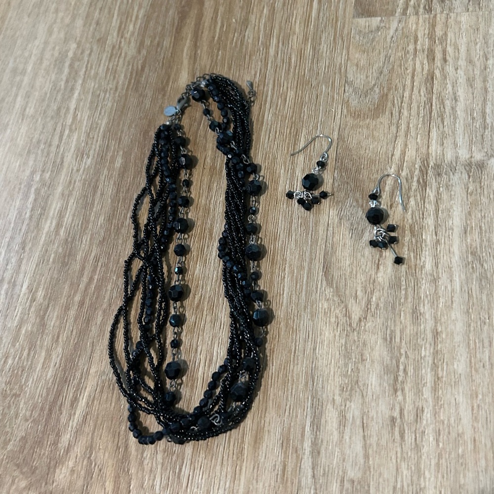 Elegant Black Beaded Necklace and Earring Set
